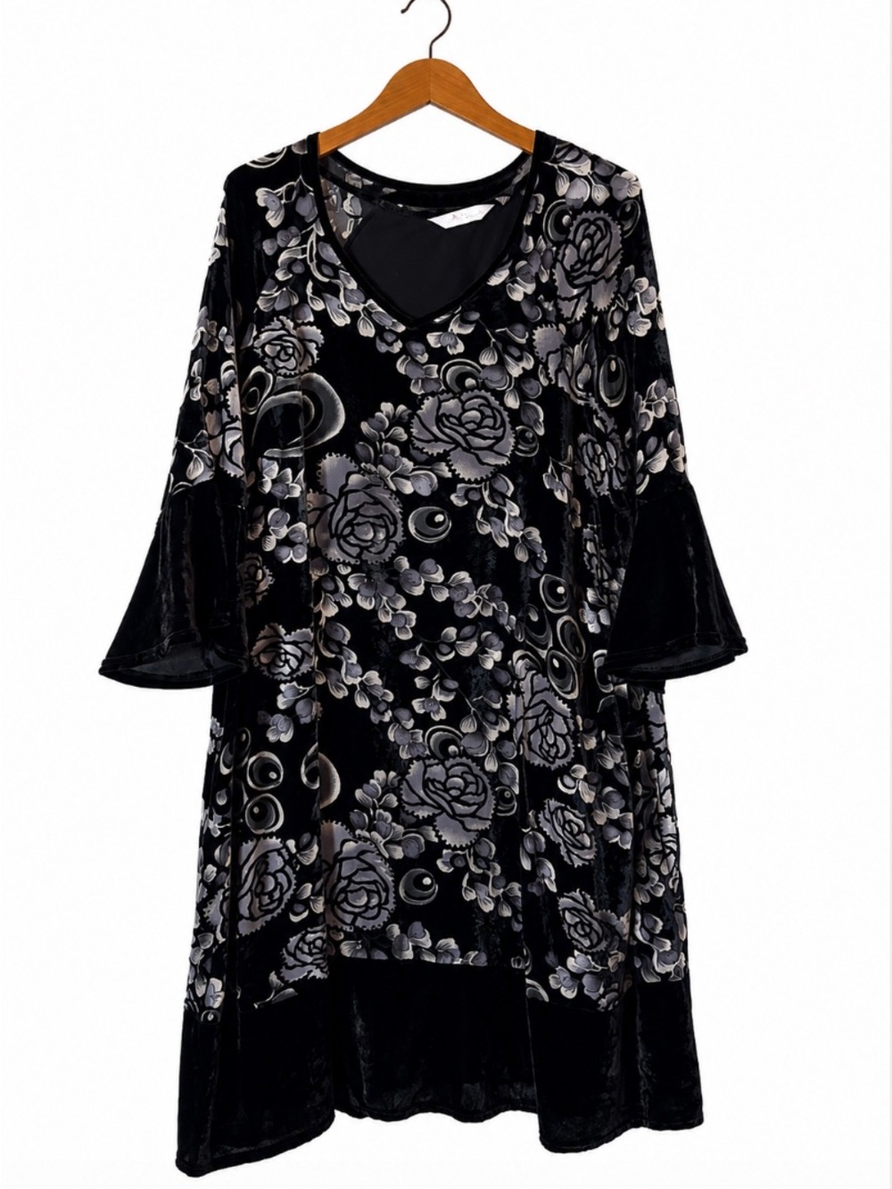 Ulla Popken Black and Gray Floral Velvet Long Sleeve Dress